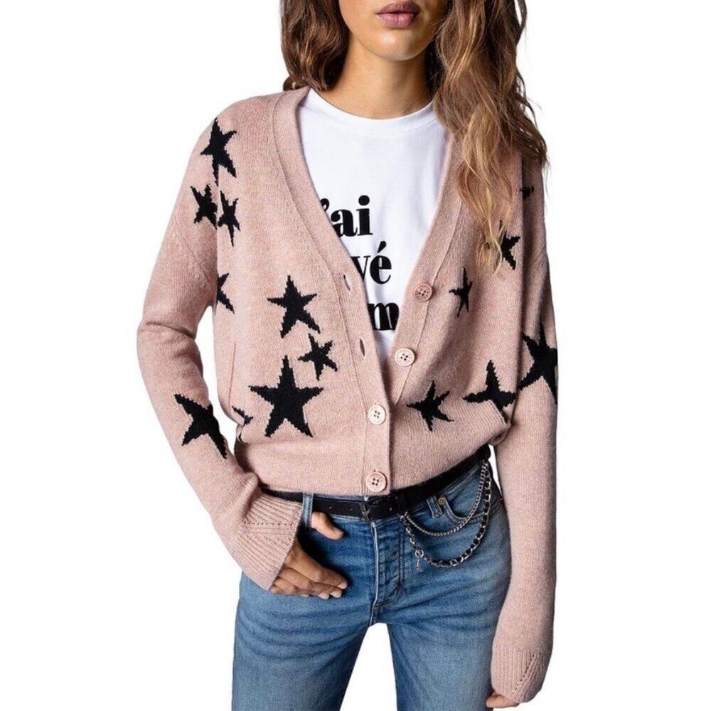 Zadig & Voltaire Mirka Stars Intarsia Blush Cashmere Cardigan Sweater Size XS